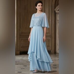 Vtg Mike Benet Light Blue Embellished Chiffon Evening Dress M/L